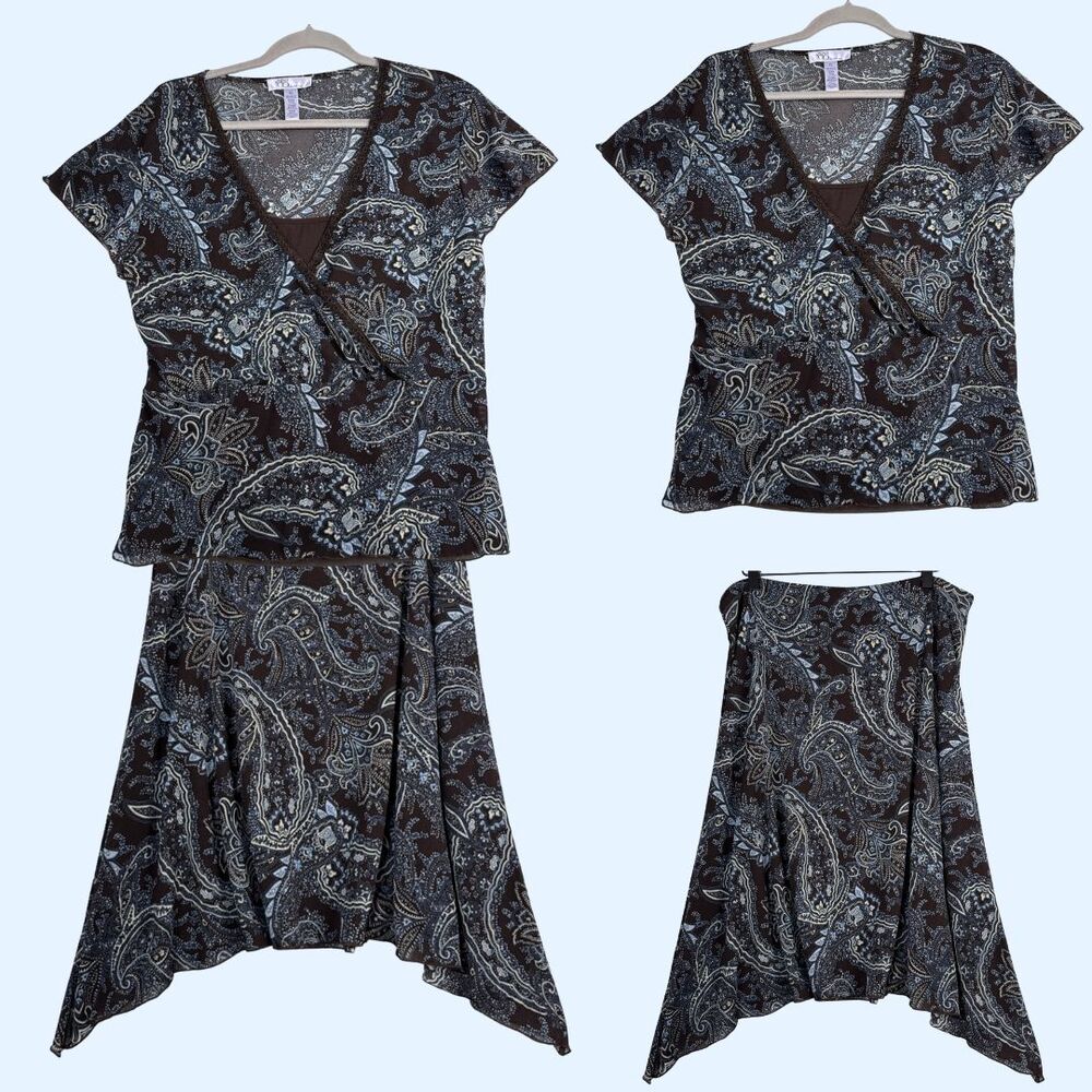 Vtg Y2K Mesh Skirt Babydoll Top Set Womens L/XL Blue Brown Paisley Fairy Grunge